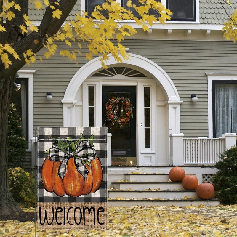 ONFAON Fall Decorations for Home, Fall Welcome Garden Flag Pumpkin Double Sided Decorative Flag，Autumn Thanksgiving Holiday Harvest Buffalo Plaid Yard Outdoor Decoration 12x18 Inch HYQ03 - Image 2